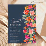 Invitation Boho brûlé terre orange tonalité florale chic doux<br><div class="desc">Boho brûlé terre orange tonalité florale chic doux 16 invitation avec la terre cuite peinte à la main,  rose,  pêche,  fleurs jaunes et rouges avec feuille verte et feuillage vert sur bleu foncé arrière - plan avec une typographie brossée.</div>