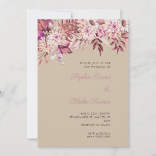 Invitation Boho Brun Rose Floral Hiver Sombre Vanille Mariage
