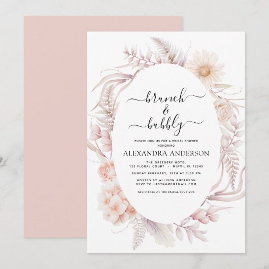 Invitation Boho Brunch & Bubbly Fête des mariées Dusty Pink I (Devant / Derrière)