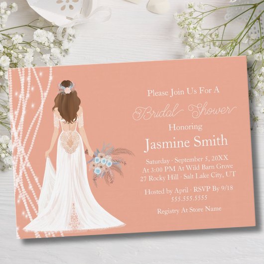 Invitation Boho Brunette Mariée Avec Fête des mariées Perles