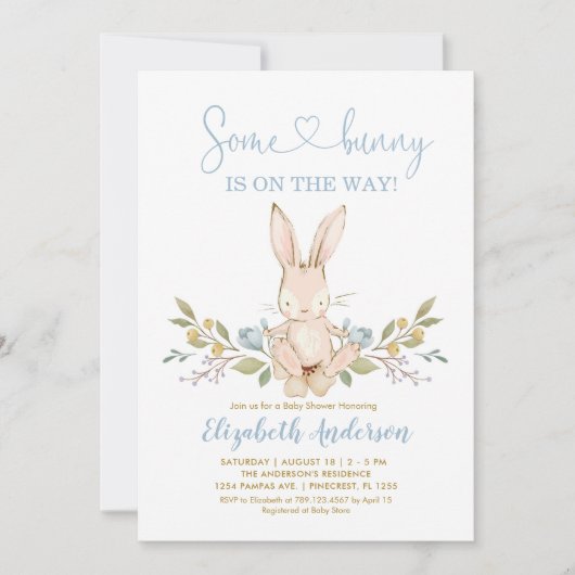 Invitation Boho Bunny Rabbit Blue Boy Baby shower (Devant)