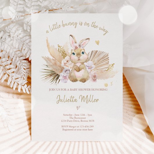Invitation Boho Bunny Rabbit Pink Girl Baby Shower