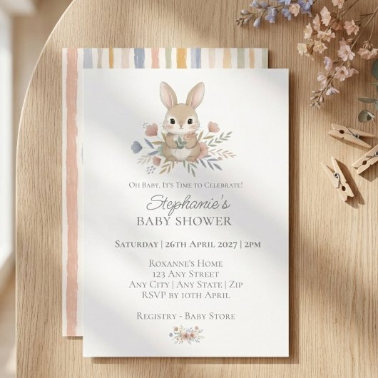 Invitation Boho Bunny Watercolor Stripe Baby Shower