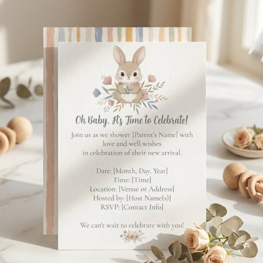 Invitation Boho Bunny Watercolor Stripe Baby Shower