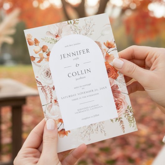 Invitation Boho Burange Chute Florale Arche Monogramme Beige