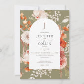 Invitation Boho Burange Chute Florale Arche Monogramme Sage (Devant)