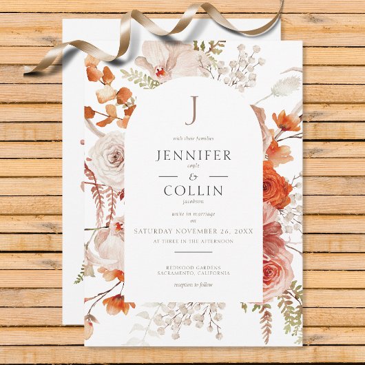 Invitation Boho Burange Chute Orange Arc Floral Monogramme Bl