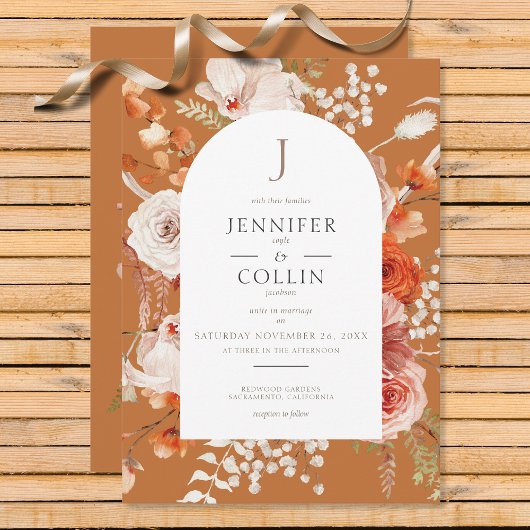 Invitation Boho Burange Chute Orange Arc Floral Monogramme Ro