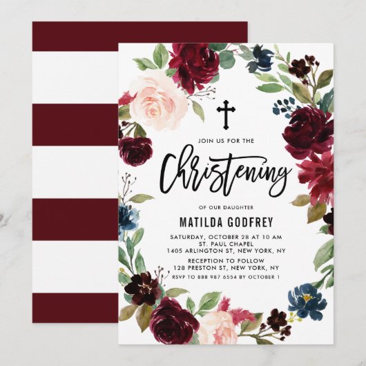 Invitation Boho Burgundy Aquarelle Florale Wreath Christening (Devant / Derrière)