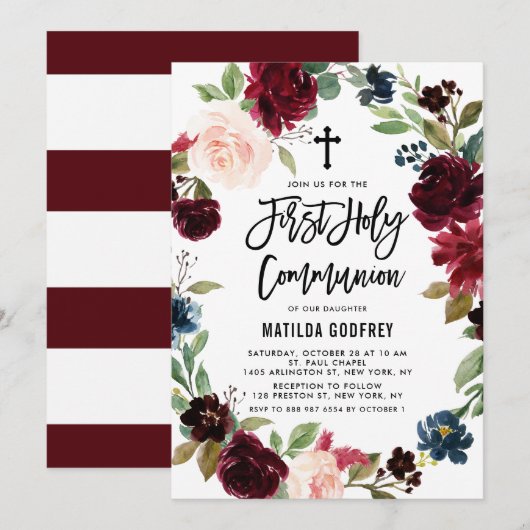Invitation Boho Burgundy Automne Floral Wreath Première commu (Devant / Derrière)