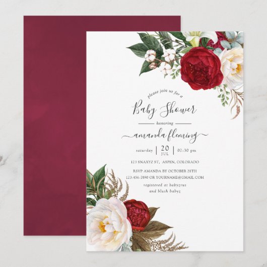 Invitation Boho Burgundy - Baby shower Floral Marsala (Devant / Derrière)