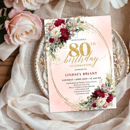 Invitation Boho Burgundy Blush Floral 80th Birthday Invite