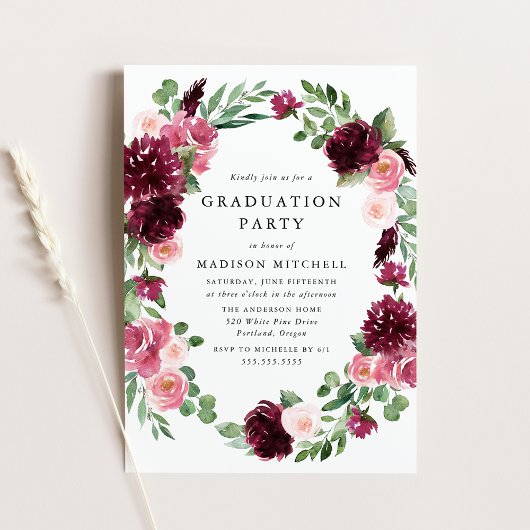 Invitation Boho Burgundy & Blush Floral Graduation Party