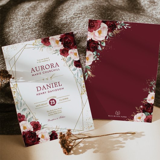 Invitation Boho Burgundy Blush Gold Flowers Mariage géométriq