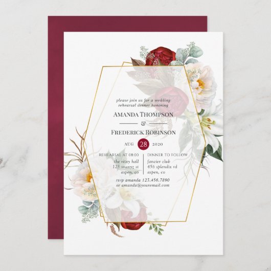 Invitation Boho Burgundy Dîner de répétition florale géométri (Devant / Derrière)