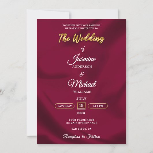 Invitation Boho Burgundy et Gold Foil Script Mariage simple (Devant)