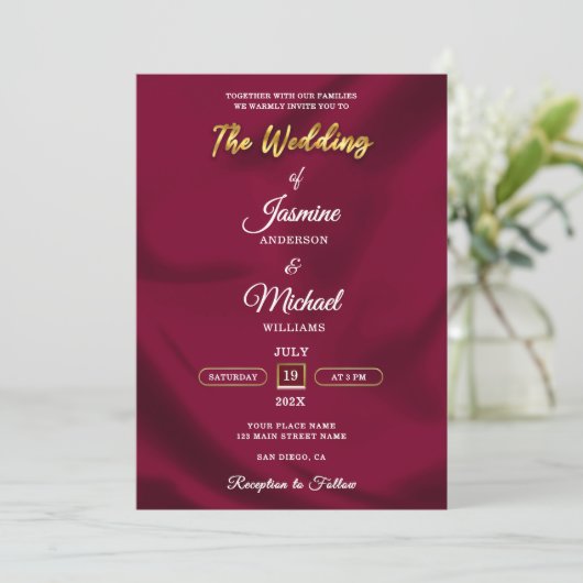 Invitation Boho Burgundy et Gold Foil Script Mariage simple (Debout devant)