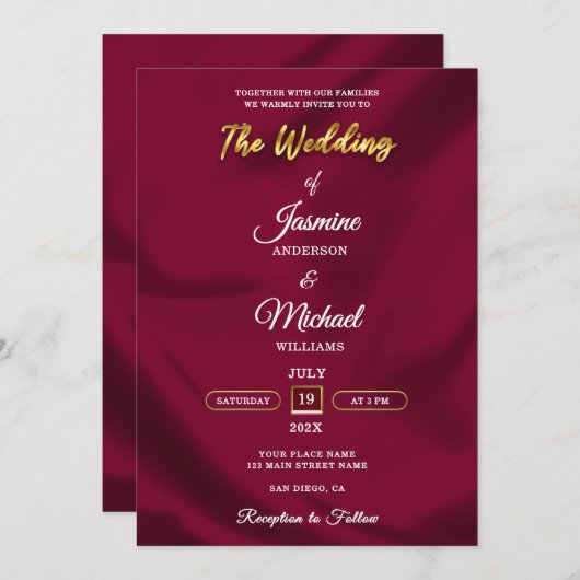Invitation Boho Burgundy et Gold Foil Script Mariage simple (Devant / Derrière)