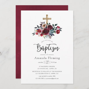 Invitation Boho Burgundy et Navy Floral Baptism