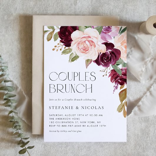 Invitation Boho Burgundy et Pêcher Floral Fall Couples Brunch