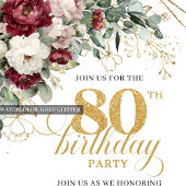 Invitation Boho Burgundy Eucalyptus Floral 80th Birthday