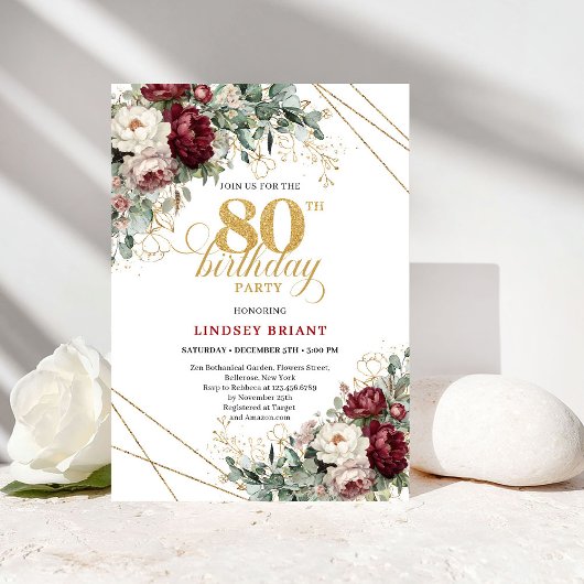 Invitation Boho Burgundy Eucalyptus Floral 80th Birthday
