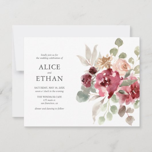 Invitation Boho Burgundy Fleurs Eucalyptus Mariage (Devant)