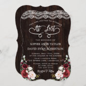 Invitation Boho Burgundy Floral dentelle Mariage écriture man (Devant / Derrière)