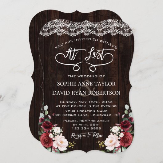 Invitation Boho Burgundy Floral dentelle Mariage écriture man (Devant / Derrière)