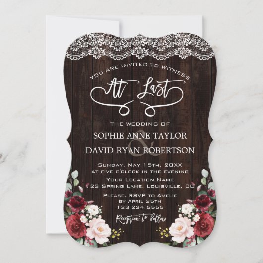 Invitation Boho Burgundy Floral dentelle Mariage écriture man (Devant)