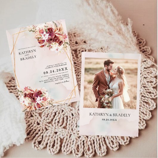 Invitation Boho Burgundy Floral Geometric Wedding