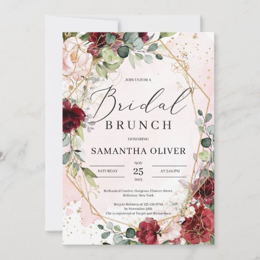 Invitation Boho Burgundy floral or géométrique brunch nuptial (Devant)