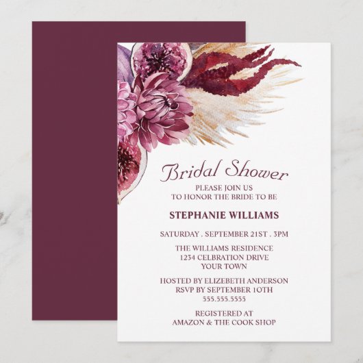 Invitation Boho Burgundy Floral Pampas Fête des mariées en he (Devant / Derrière)