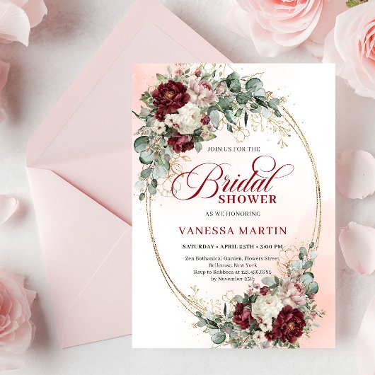 Invitation Boho Burgundy Flowers & Eucalyptus Bridal Shower 