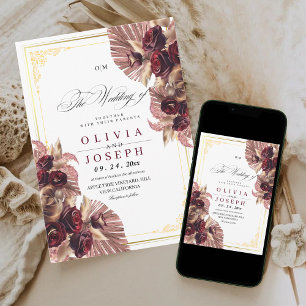Invitation Boho Burgundy Gold Rose Floral Rustic Mariage