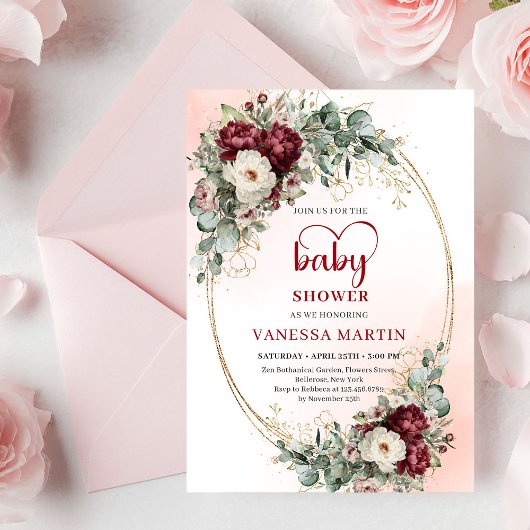 Invitation Boho Burgundy Greenery Gold Baby Shower Invite