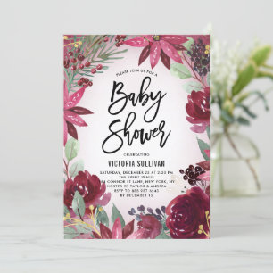Invitation Boho Burgundy Hiver Floral Baby shower de cadre