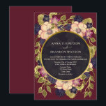 Invitation Boho Burgundy Marine Floral Wedding<br><div class="desc">Cette faire-part de mariage fleurie boho est ornée d'un riche arrière - plan bordeaux avec un cadre bleu marine et doré entouré de fleurs peintes à la main dans le bleu, la prune, la crème et la marine. Audacieux et artistique, ce design est parfait pour les mariages d'automne ou d'hiver...</div>