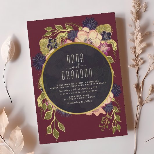 Invitation Boho Burgundy Marine Floral Wedding