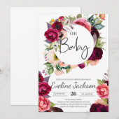 Invitation Boho Burgundy Maroon Florals Baby shower Invitatio (Devant / Derrière)