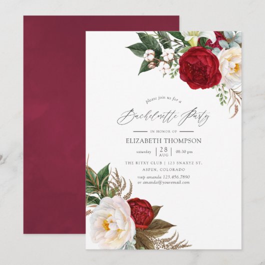 Invitation Boho Burgundy - Marsala Floral Bachelorette Party (Devant / Derrière)