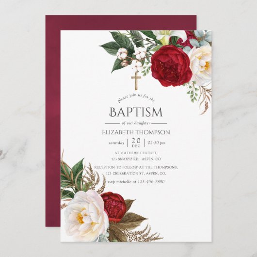 Invitation Boho Burgundy - Marsala Floral Baptism (Devant / Derrière)
