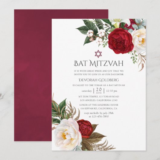 Invitation Boho Burgundy - Marsala Floral Bat mitzvah (Devant / Derrière)