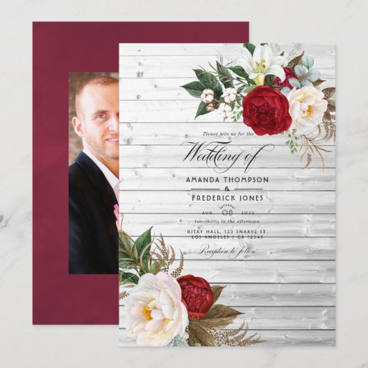 Invitation Boho Burgundy - Marsala Floral Bohemian Mariage (Devant / Derrière)