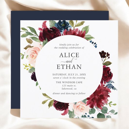Invitation Boho Burgundy Navy Fleurs Bleues Élégant