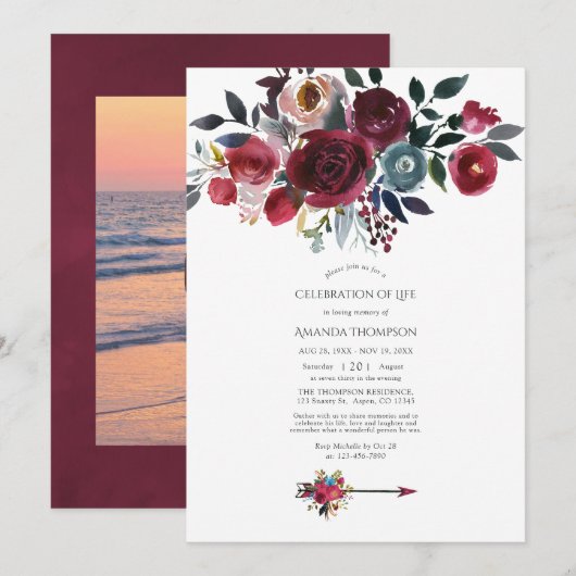 Invitation Boho Burgundy & Navy Floral Célébration de la vie (Devant / Derrière)
