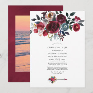 Invitation Boho Burgundy & Navy Floral Célébration de la vie