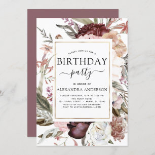 Invitation Boho Burgundy N'importe quel âge Anniversaire Flor