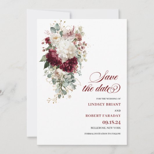 Invitation Boho burgundy or roses enregistrer la date mariage (Devant)