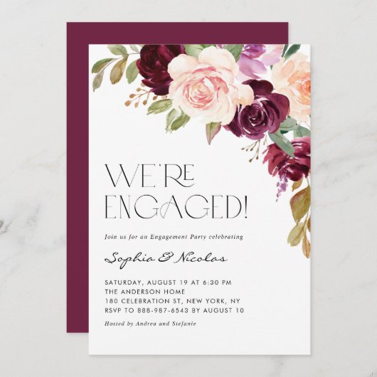 Invitation Boho Burgundy Peach Flowers Fall Engagement Party (Devant / Derrière)